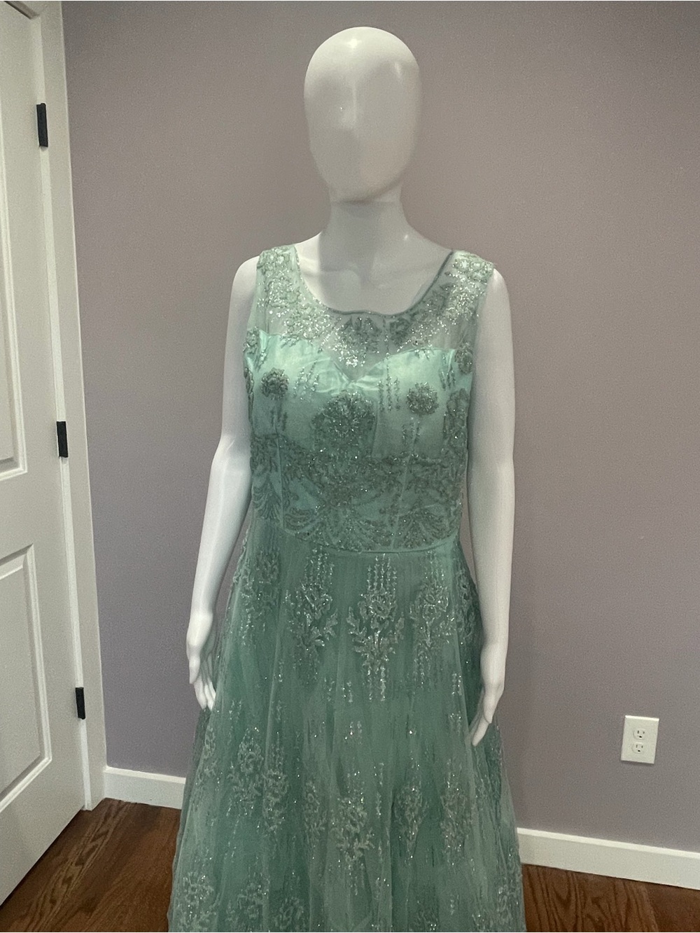 Sleeveless Mint Green Embellished Evening Gown - Picture 3 of 5